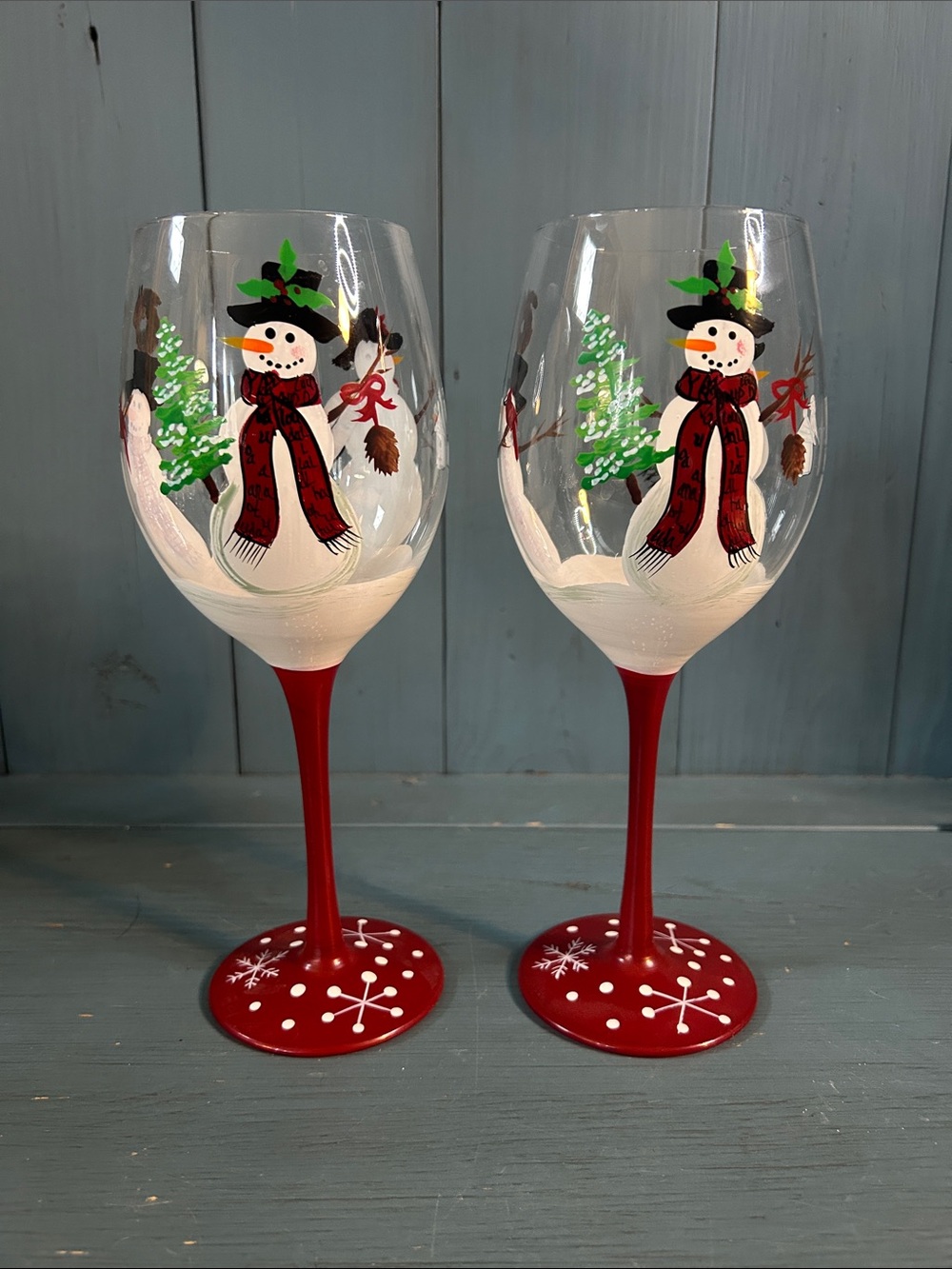 Vintage Pier 1 Imports Holiday Snowman Red Stem Wine Glass - Hand Painted | 2